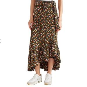 Ganni Floral Silk Crepe Midi Wrap Ruffle Skirt